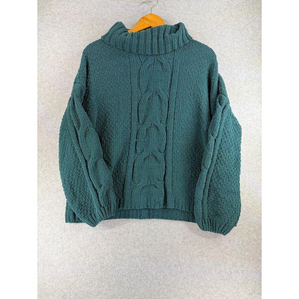 Seven7 Women’s Large Teal Cable Knit Cowl Neck Long Sleeve Sweater 3615